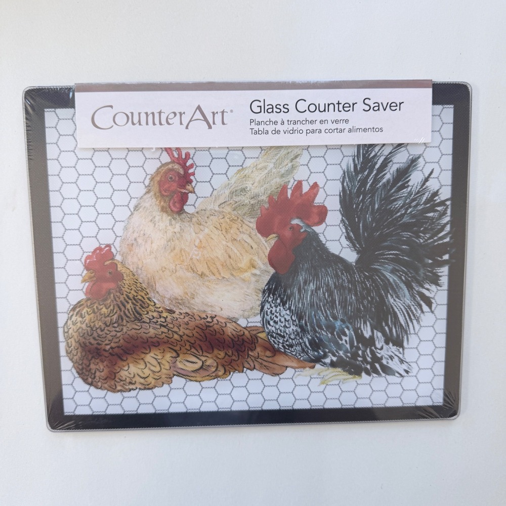 CounterArt‎ Whimsical Roosters Glass Counter Saver 8x10 Farmhouse Cutting Board